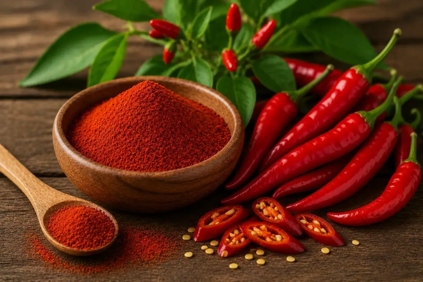 Cayenne pepper powder in a wooden bowl beside fresh red chilli peppers