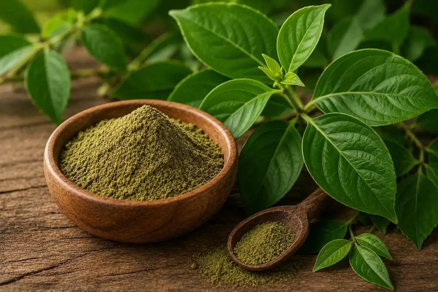 Gymnema sylvestre leaves and green gymnema powder in a wooden bowl