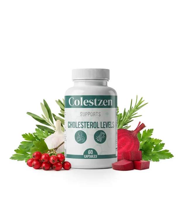 Sliced beetroot, hawthorn berries, garlic and fresh herbs arranged beside a heart health supplement bottle