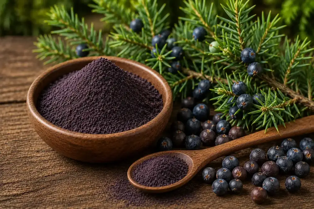 Juniper berries and ground juniper powder in a wooden bowl on a rustic surface