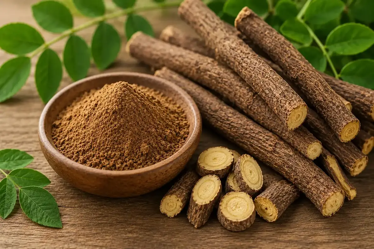 Licorice root pieces and ground licorice extract in a wooden bowl