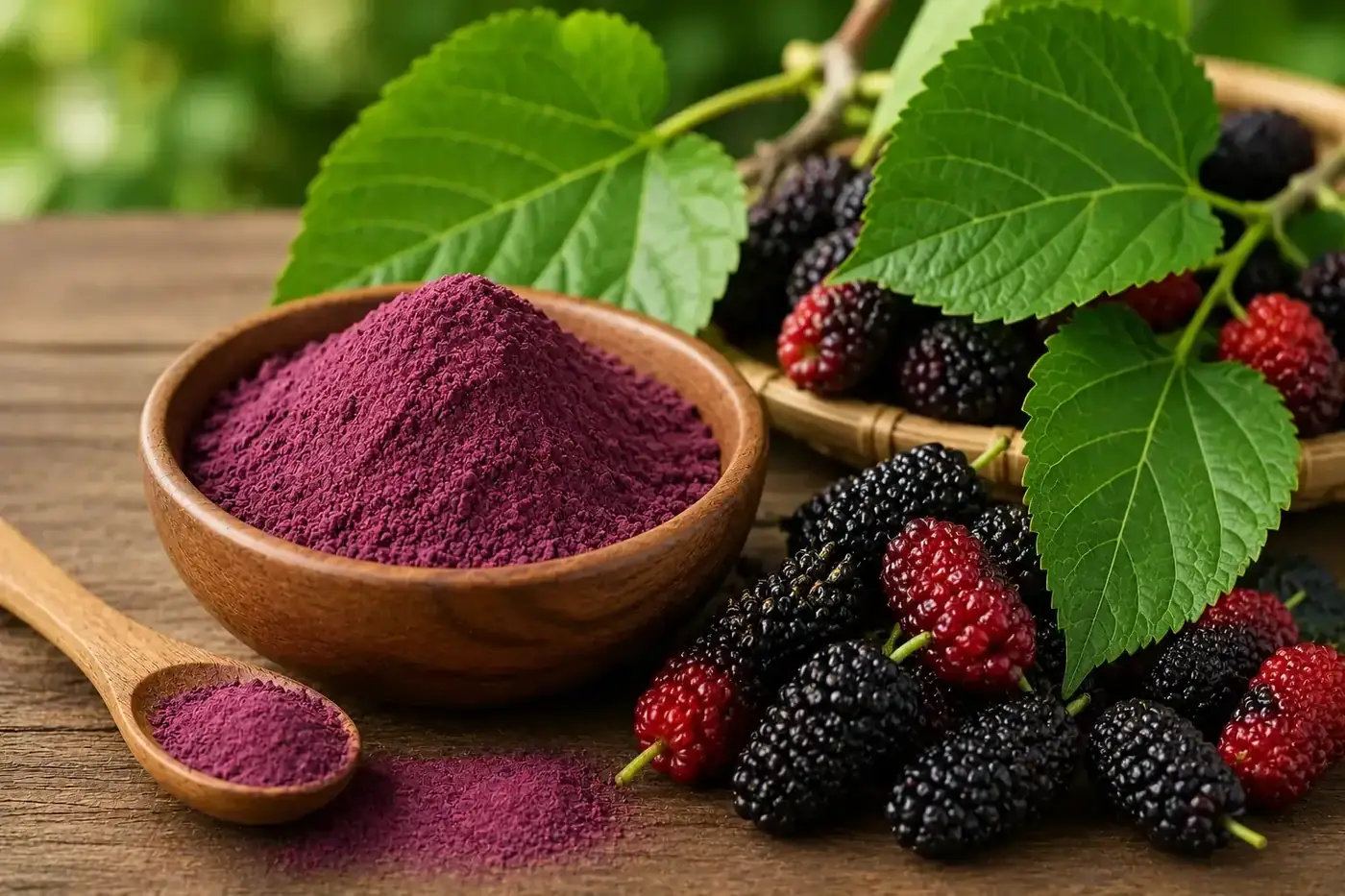 Fresh mulberries beside a bowl of deep purple mulberry fruit powder